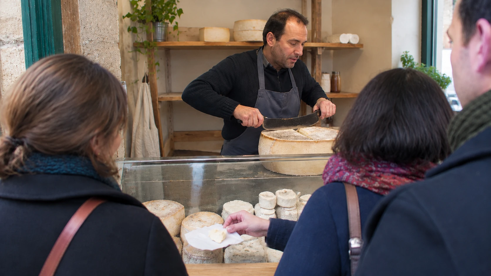 Fromager découpant une meule devant un groupe dans une fromagerie