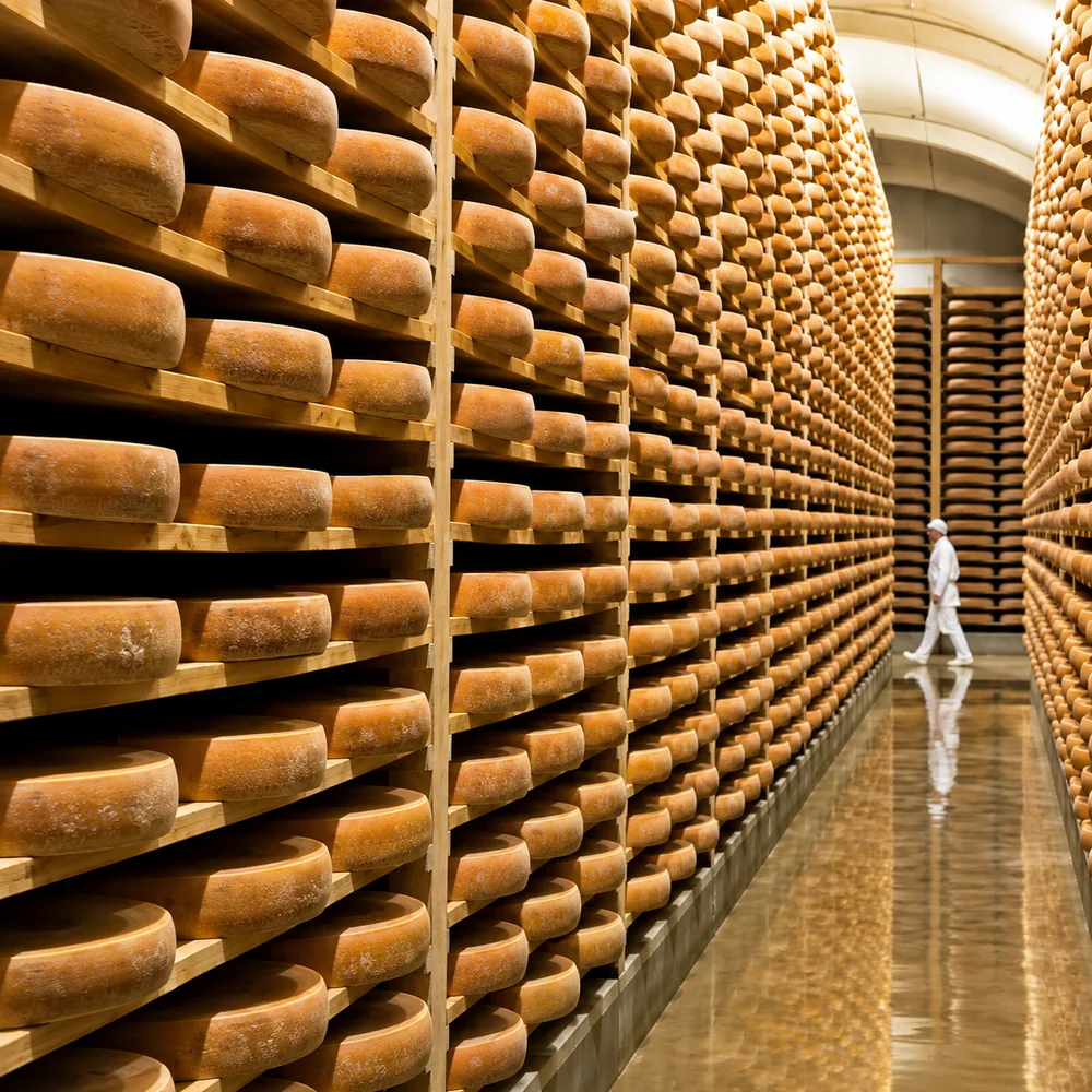 Meules de fromage en cave d'affinage sur des étagères en bois