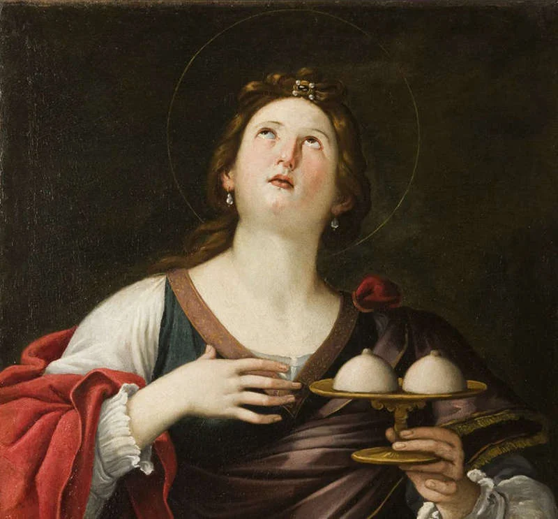 Sainte Agathe portant ses seins sur un plateau, en clin d'œil au «téton de Sainte-Agathe», l'un des noms chelous de fromage