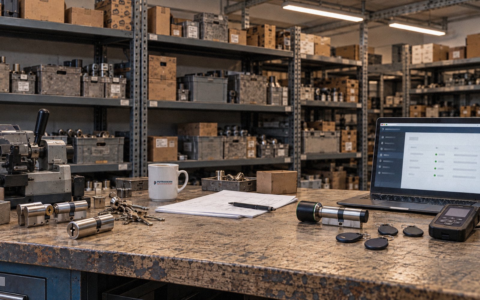 Symbolbild: Werkbank im Lager mit Schlüsselfräsmaschine, mechanischen Schließzylindern und Schlüsseln neben elektronischem Zylinder, Transpondern, Programmiergerät und Laptop mit Zutrittssoftware – der Weg vom Handel zur Systemtechnik