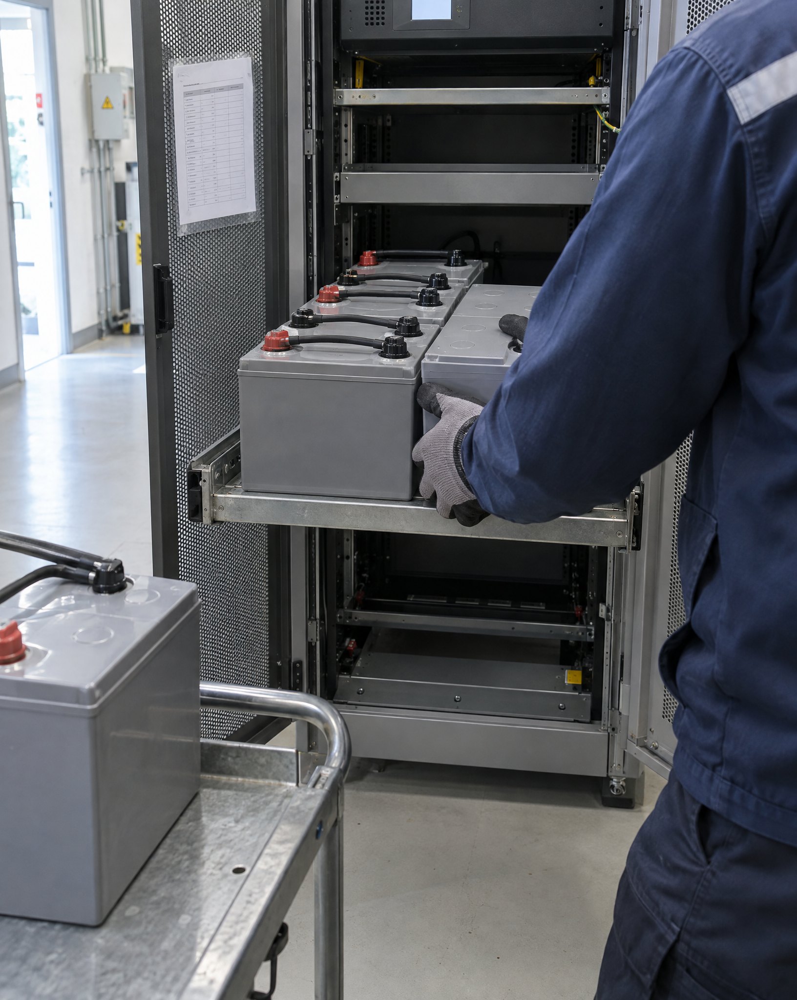 Techniker tauscht Blei-Akkus in einer USV-Anlage