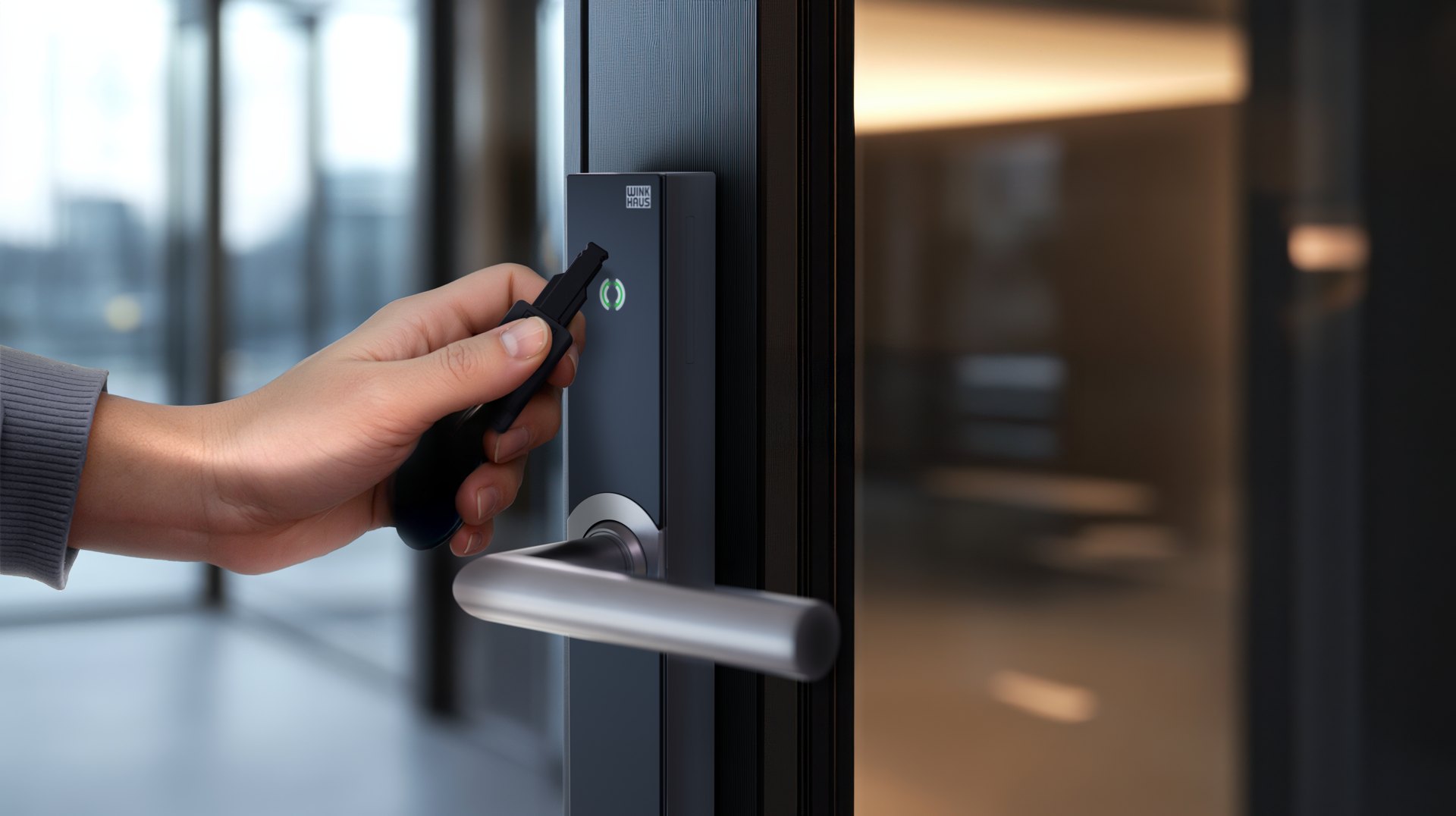 Elektronischer Schlüssel des Winkhaus-Systems blueEvo am elektronischen Beschlag einer Bürotür
