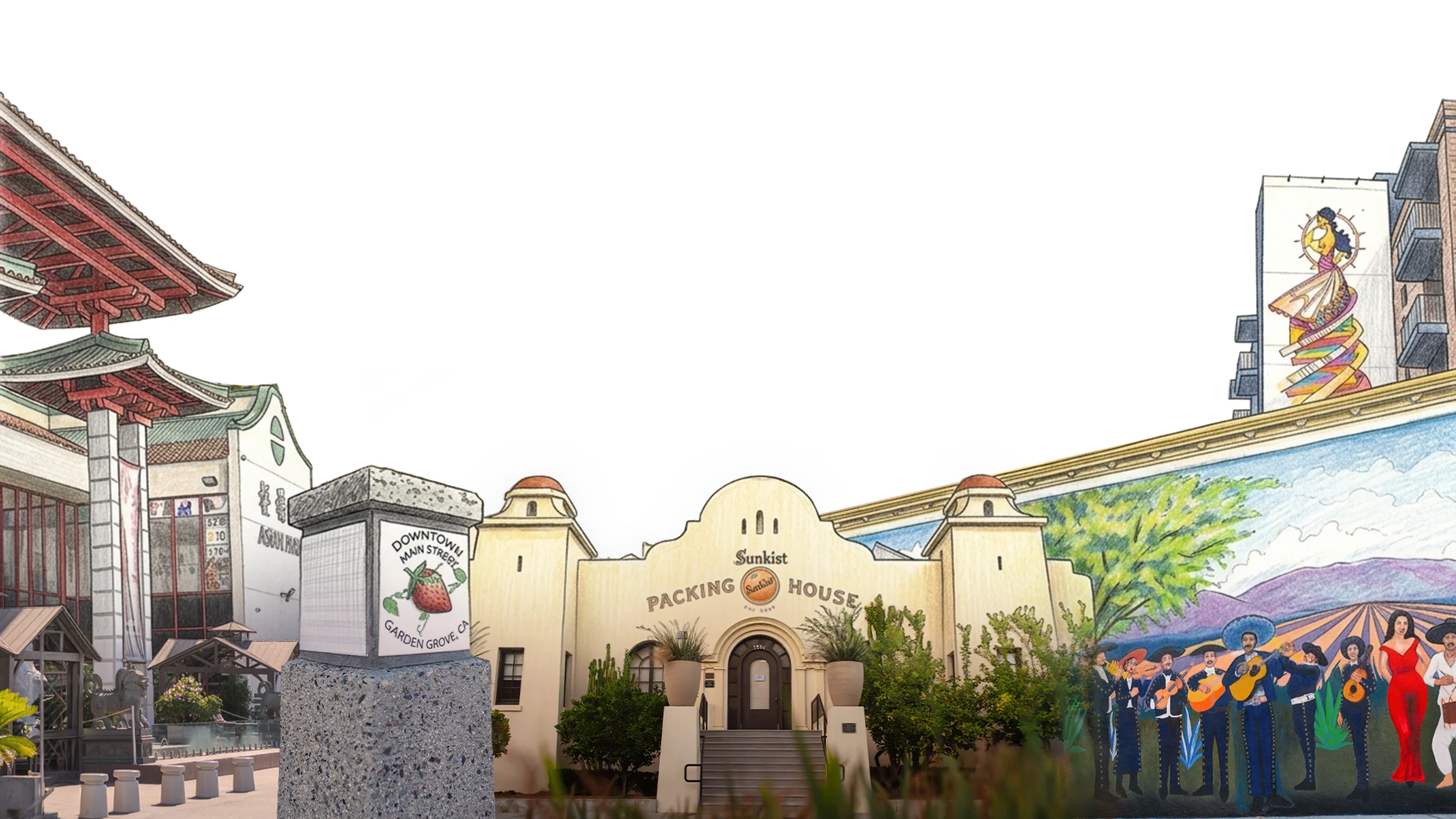 Illustrated Orange County streetscape with the Sunkist Packing House, an Asian Village pagoda, the Garden Grove Main Street marker and a mariachi mural