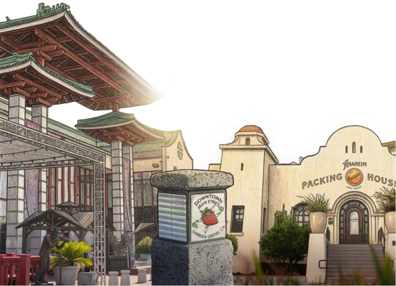 Illustrated Orange County streetscape with the Sunkist Packing House, an Asian Village pagoda, the Garden Grove Main Street marker and a mariachi mural