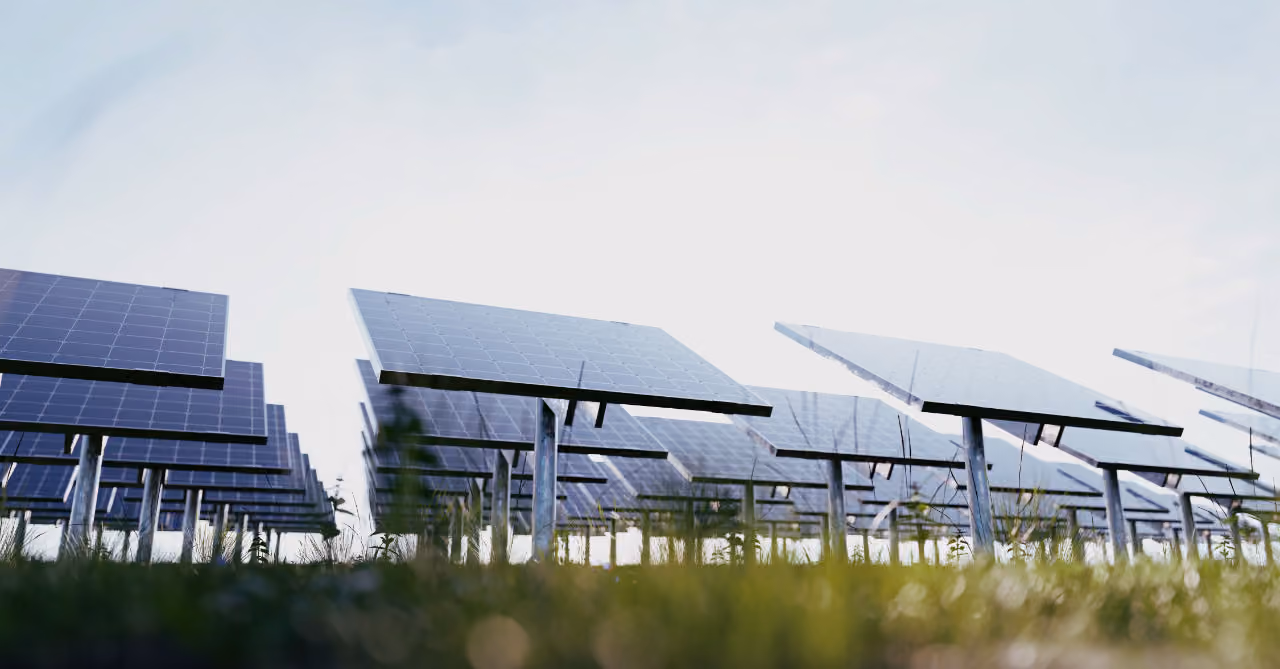 Aufgeständerte Solarmodule einer gewerblichen Photovoltaikanlage