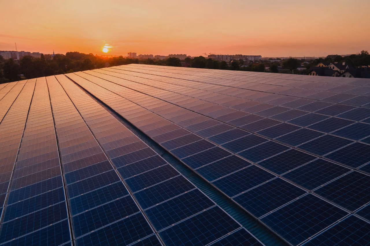 Solarmodule einer PV-Freiflächenanlage bei Sonnenuntergang
