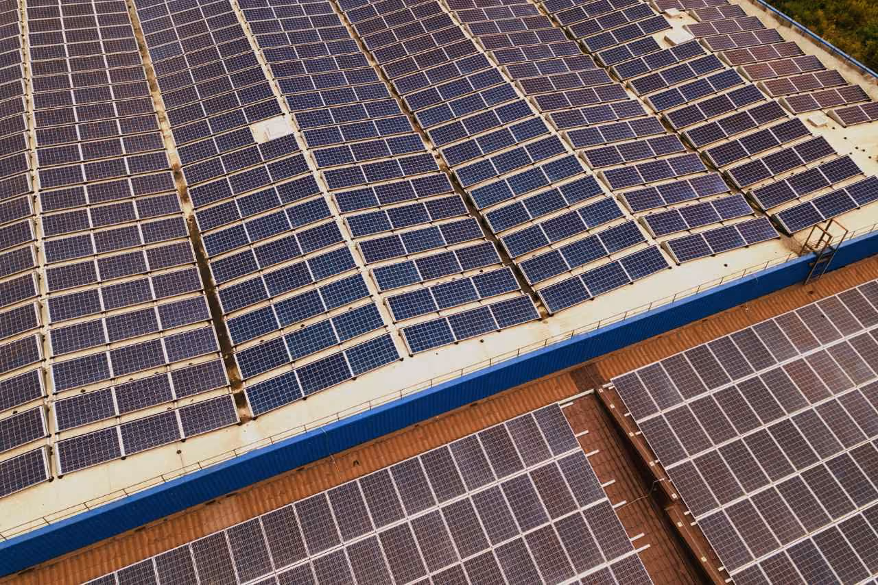 Draufsicht auf Solarmodule einer großen Photovoltaik-Freiflächenanlage