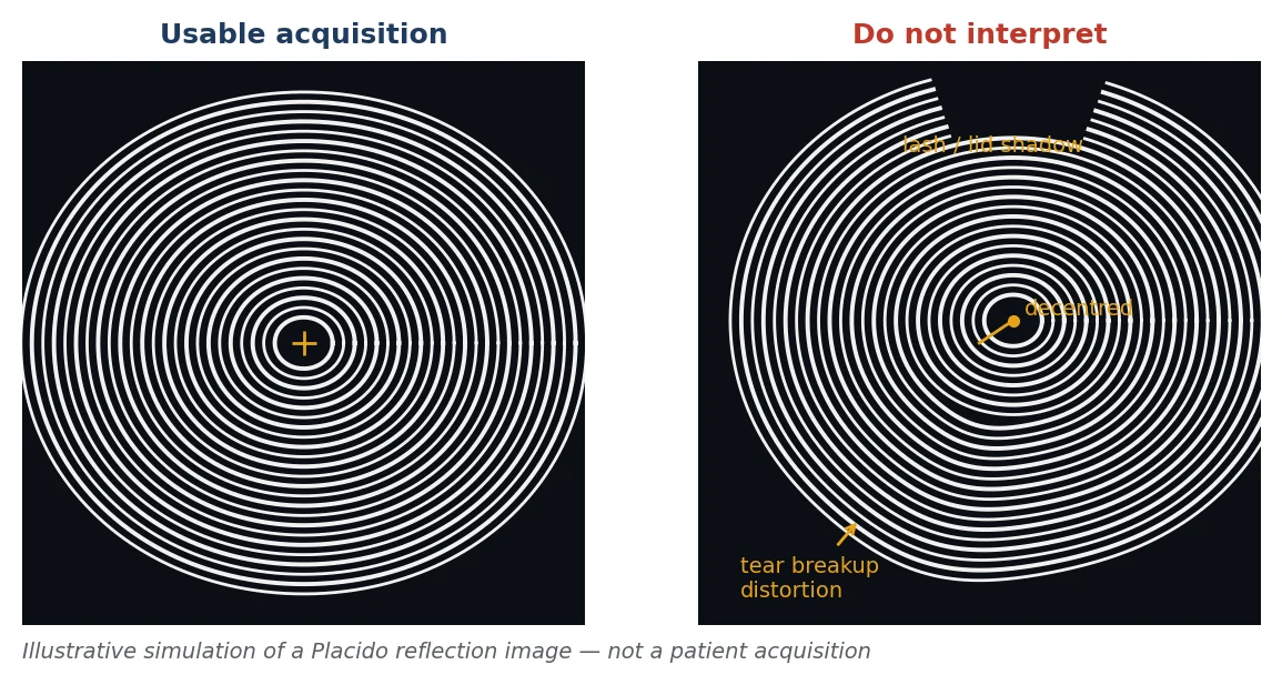 Figure 1 A usable Placido acquisition (left) shows sharp, continuous, correctly traced rings centred on the fixation target with adequate coverage. The acquisition on the right has a lash shadow removing peripheral rings, a local distortion from tear breakup and a decentred ring centre; any of these can create apparent steepening or irregularity. Illustrative simulation.