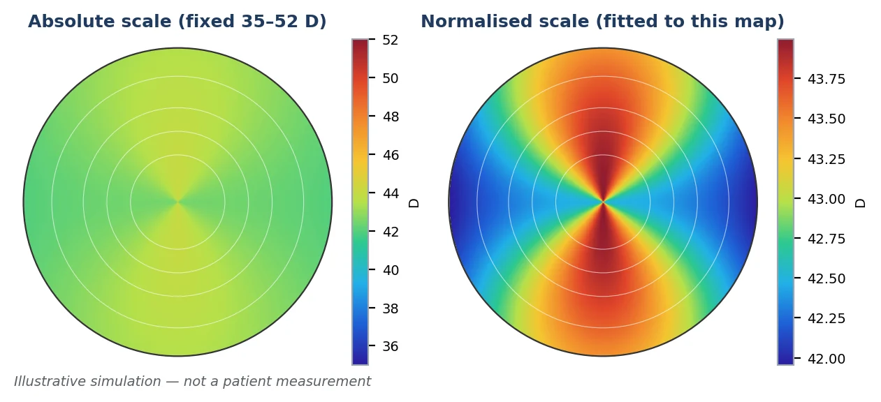 Figure 4 One simulated surface on an absolute scale and on a normalised scale fitted to this examination. The normalised display magnifies 1.5 D of regular astigmatism into a dramatic bow tie; separately normalised maps from two visits can exaggerate apparent change. Illustrative simulation.
