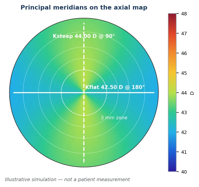 Figure 5 Principal meridians on the axial map for the worked example: Kflat 42.50 D at 180°, Ksteep 44.00 D at 90°, 1.50 D of anterior corneal cylinder, mean 43.25 D. Illustrative simulation.