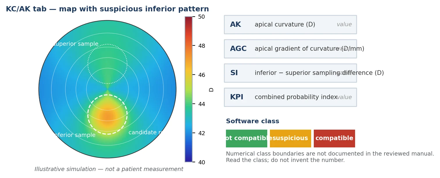 Figure 7 The KC/AK panel: AK, AGC, SI and KPI beside a map with a suspicious inferior pattern and the inferior and superior sampling regions the SI compares. The software class is the reading; the exact numerical boundaries between classes are not documented in the reviewed manual. Illustrative simulation.