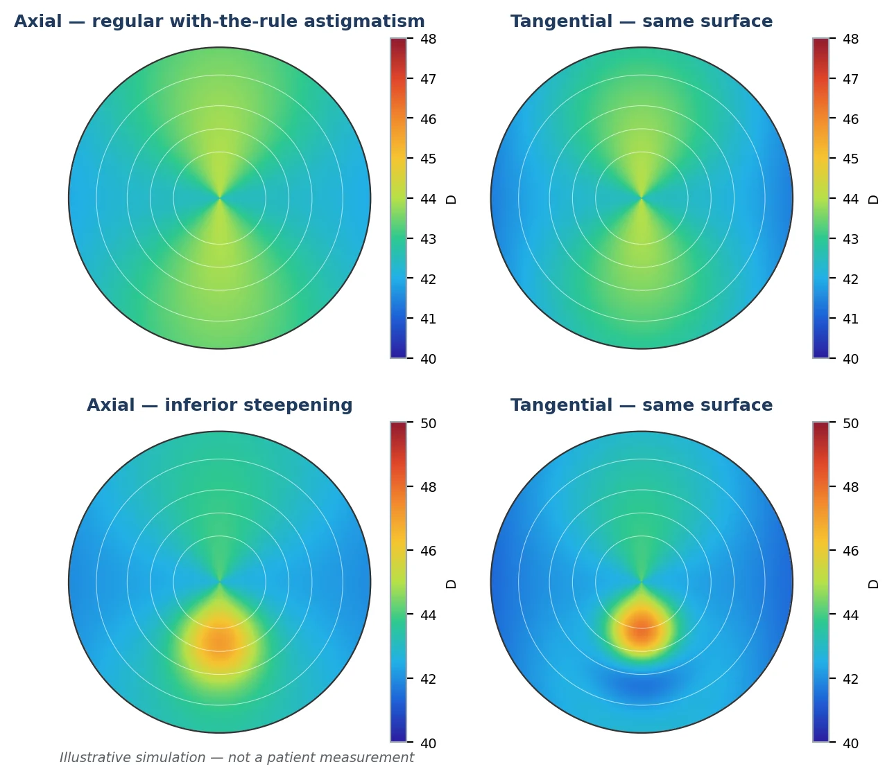 Figure 3 The same two simulated surfaces computed as axial (left) and tangential (right) maps. Regular with-the-rule astigmatism gives a symmetric bow tie on both; a focal inferior steepening looks broader on the axial map and sharper on the tangential. Illustrative simulation.