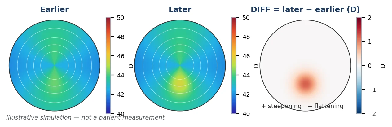 Figure 12 Earlier and later simulated axial maps and their difference map (later minus earlier, D). Illustrative simulation.