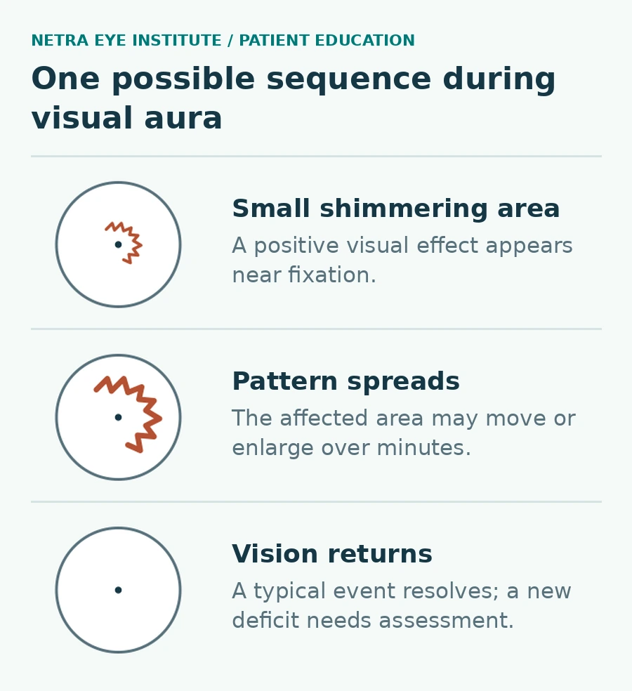 Patient education diagram titled 'One possible sequence during visual aura,' with three circles showing the field of view and a dot at the center. Panel 1, 'Small shimmering area': a small orange zigzag line beside the center dot, with the text 'A positive visual effect appears near fixation.' Panel 2, 'Pattern spreads': a larger orange zigzag arc curving around the center, with the text 'The affected area may move or enlarge over minutes.' Panel 3, 'Vision returns': a clear circle with only the center dot, with the text 'A typical event resolves; a new deficit needs assessment.'