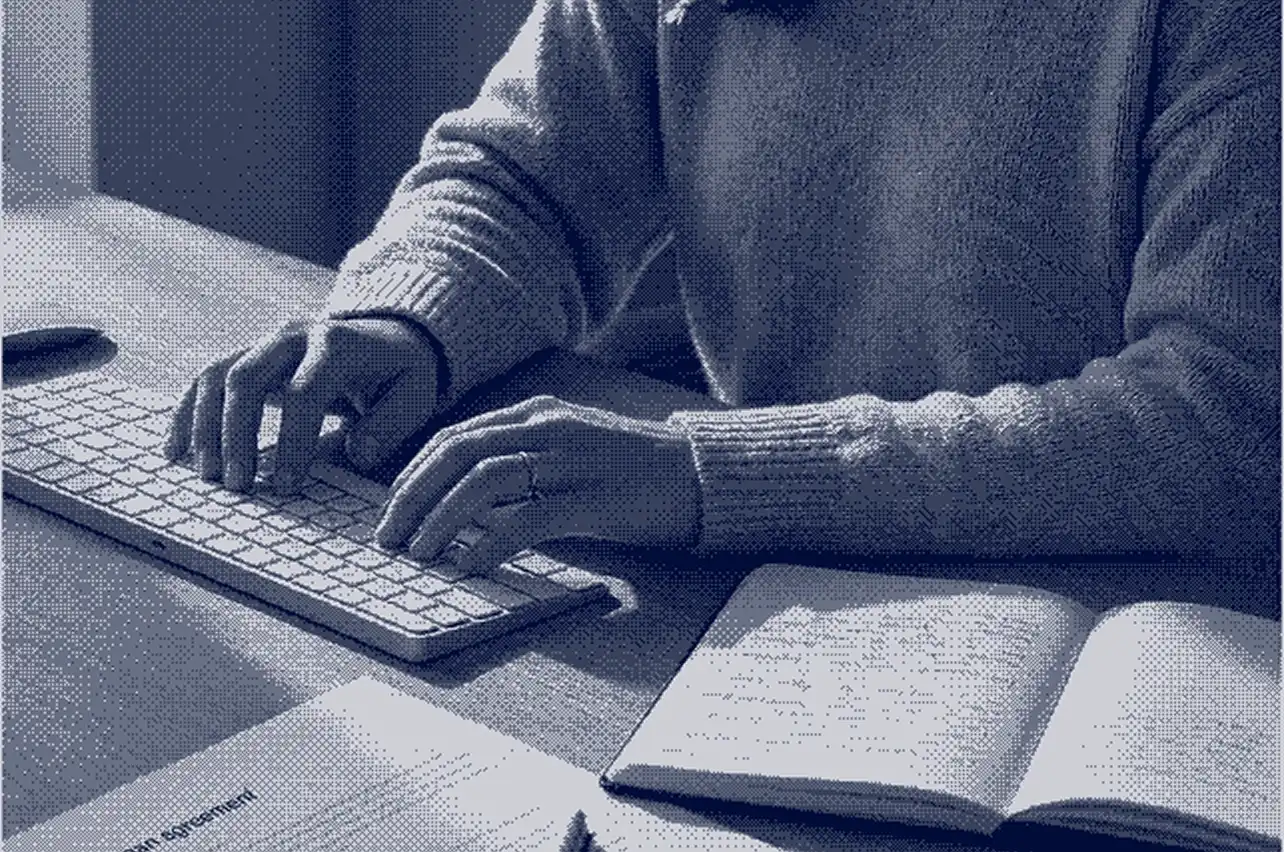 Person wearing a sweater typing on a white keyboard at a desk with open books and a phone nearby.