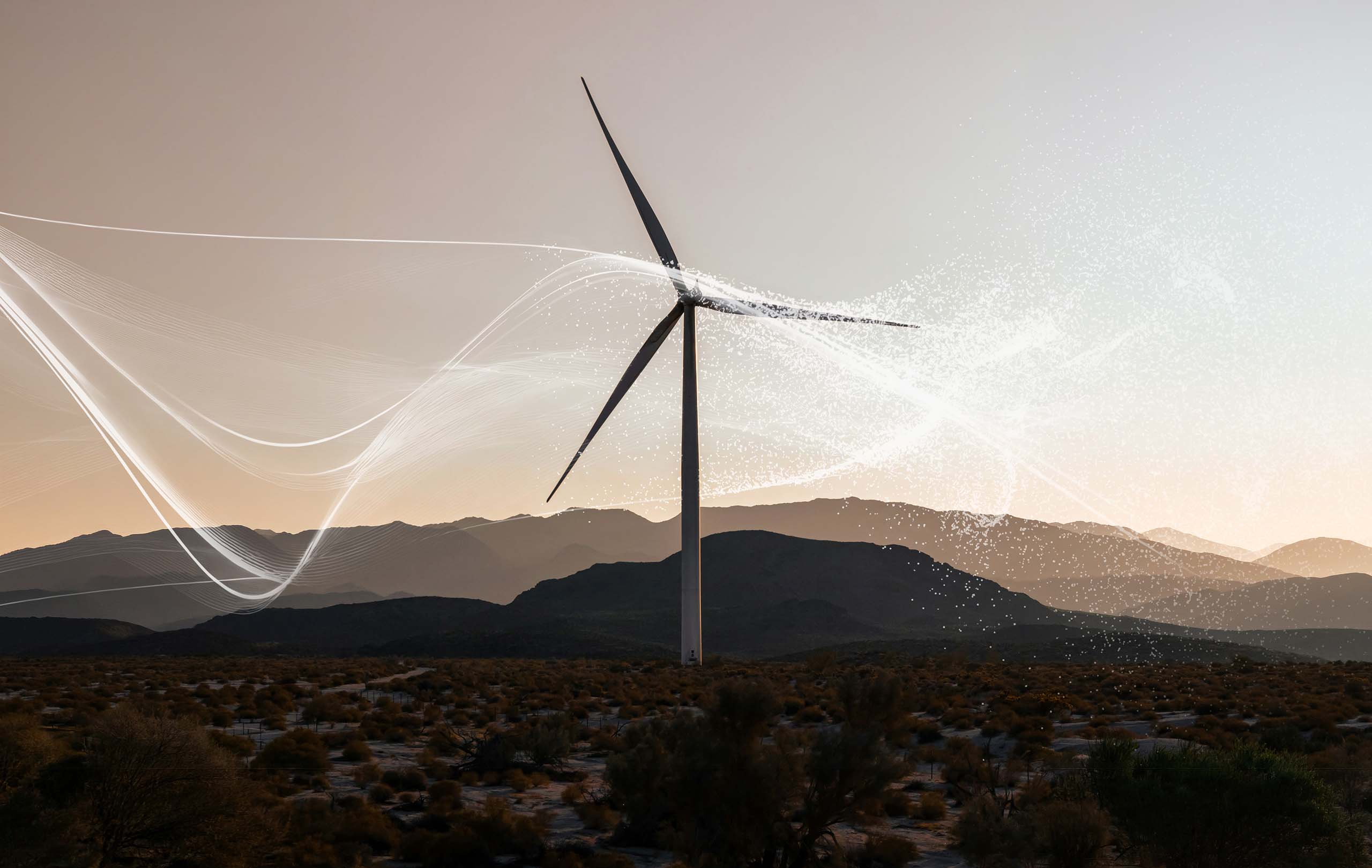 Wind turbine at dusk with airflow streamlines
