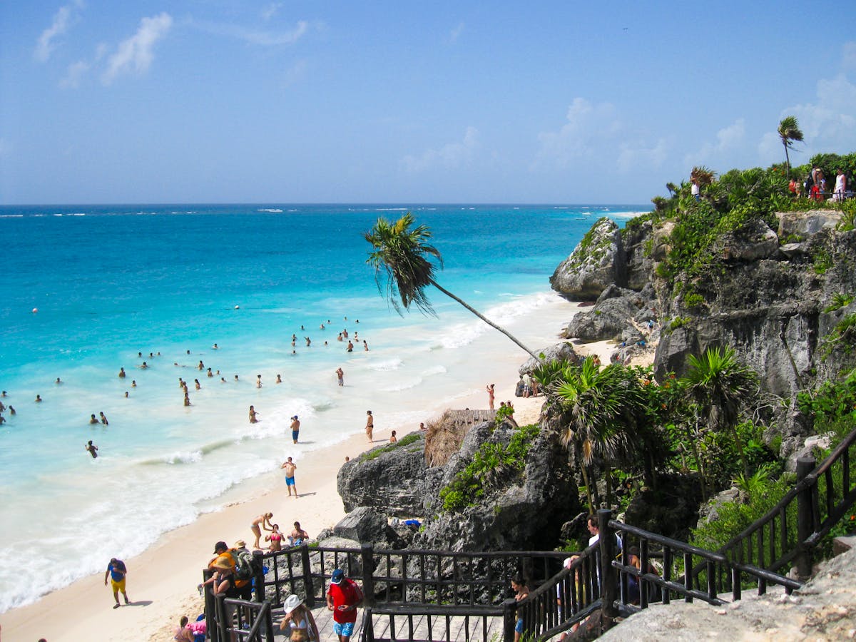 Coastal view with people enjoying the beach in Playa del Carmen