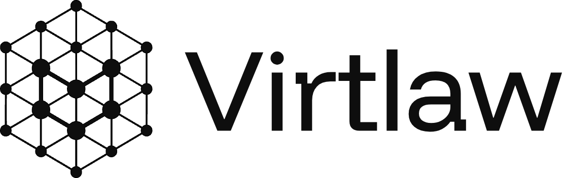 Black geometric hexagonal network symbol next to the word Virtlaw in black text.