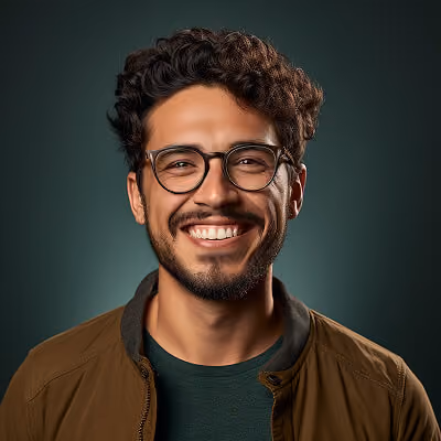 Smiling man with curly hair, glasses, and a beard wearing a brown jacket and dark shirt.