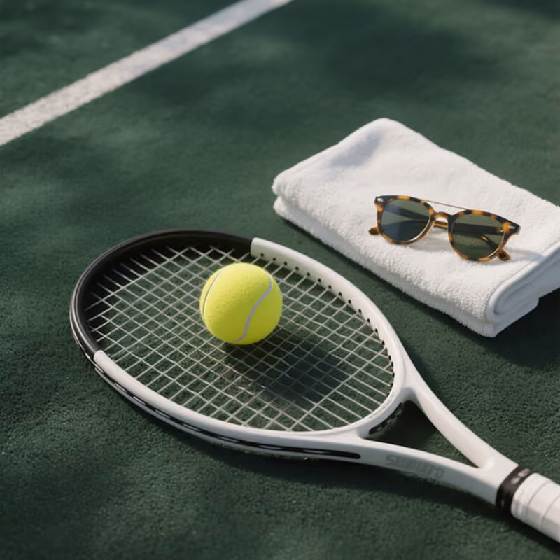 Tennis racket with ball on a green court beside a white towel with sunglasses on top.