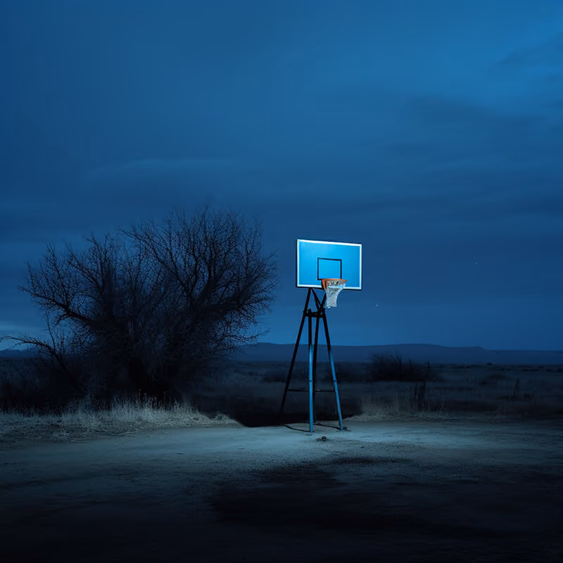 A solitary basketball hoop illuminated at night in a barren outdoor area with dark trees in the background.