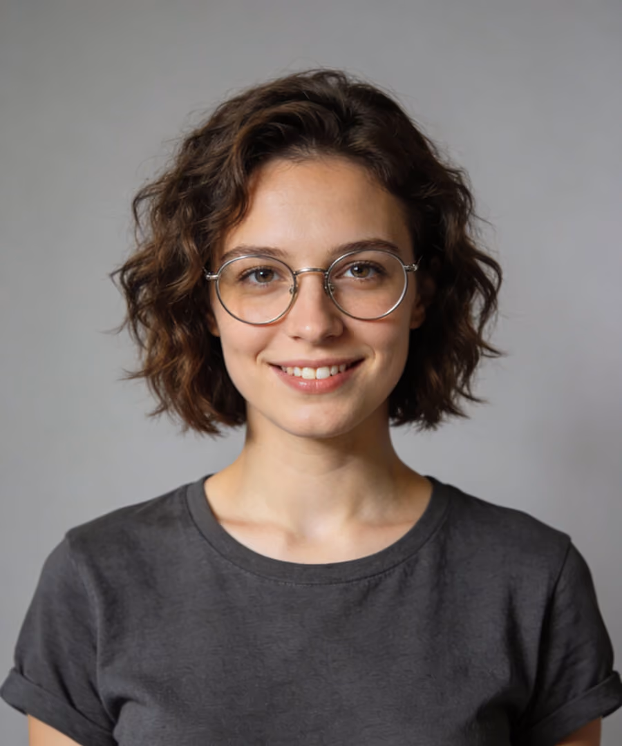 Young woman with short curly brown hair and round glasses smiling at the camera wearing a dark gray shirt.