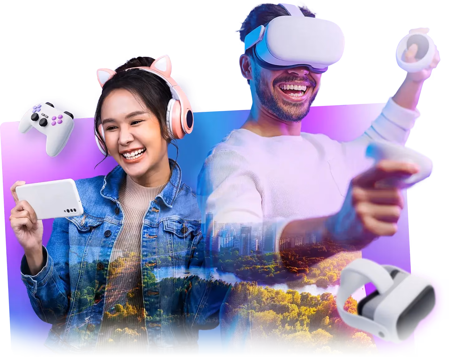 Jeune femme avec casque audio et manette, jeune homme en casque de réalité virtuelle