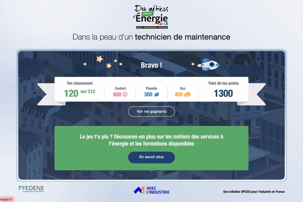 Jeu « Dans la peau de… » : écran de fin de partie avec le score et le classement