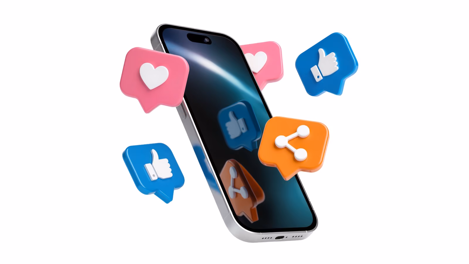 Smartphone entouré d'icônes de réseaux sociaux : j'aime, cœurs et partage