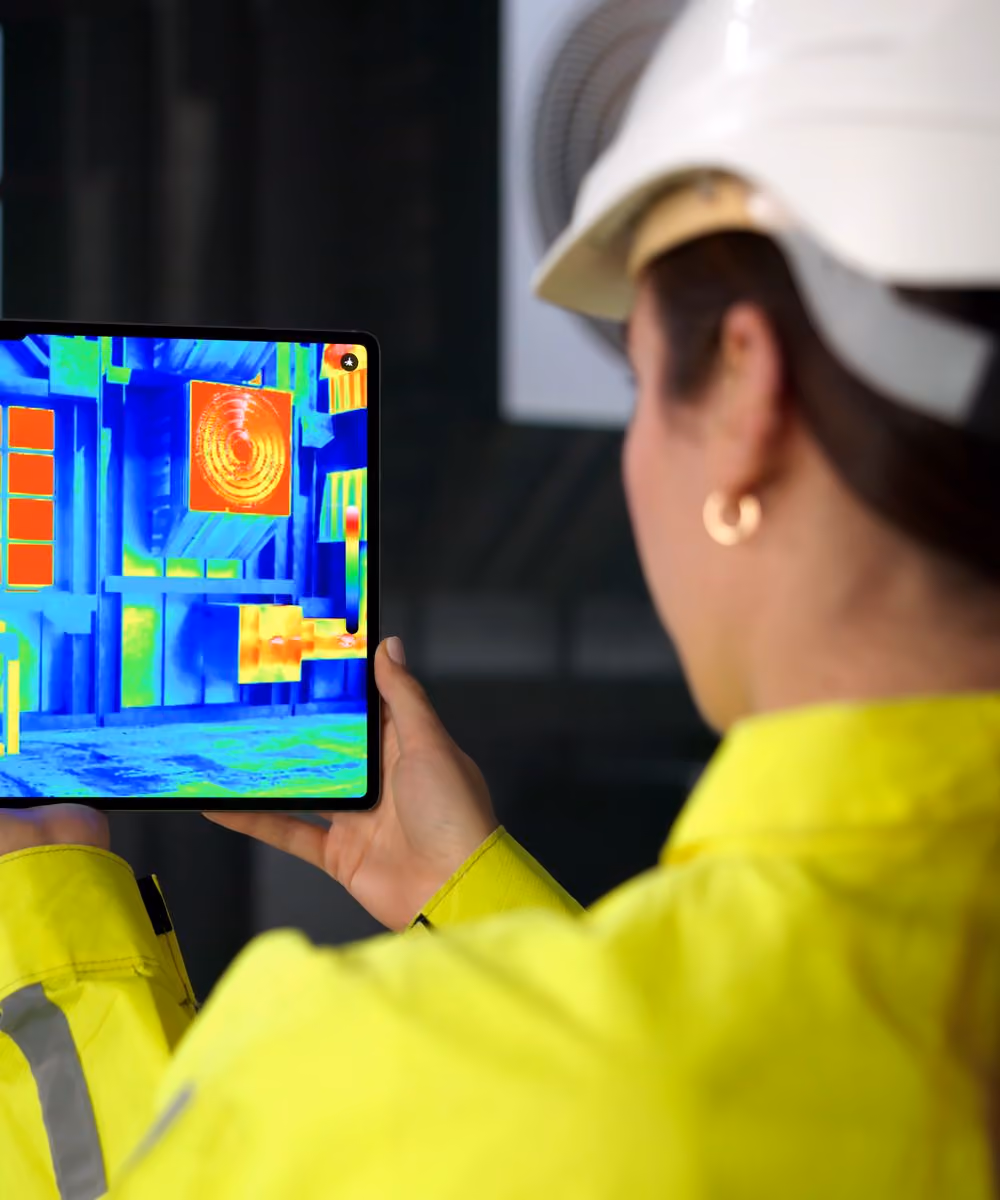 Ingénieure énergie montrant une image thermique sur une tablette