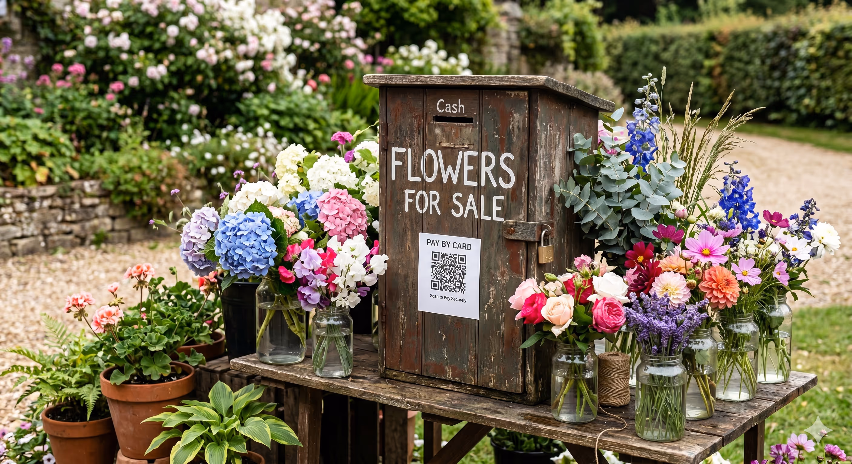 Rustic wooden stand with jars of colourful flowers and a locked cash box labelled 'Flowers for sale' with a QR code for card payment.