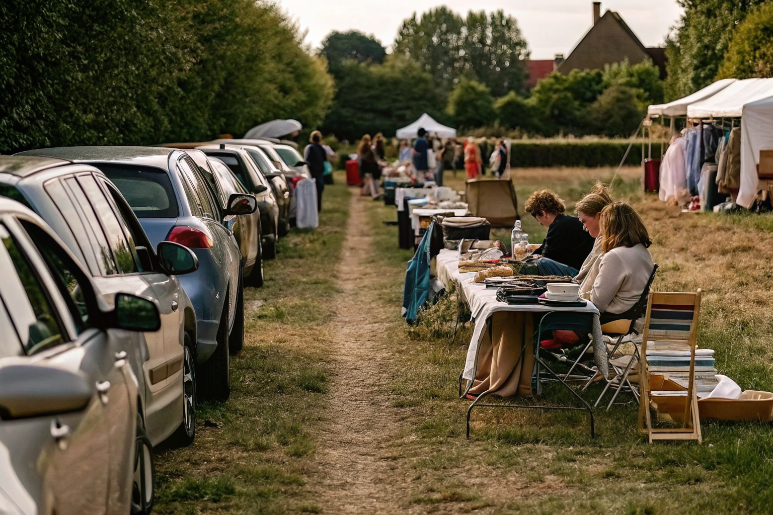 Rows of parked cars with open boots and trestle tables at a British car boot sale on a grassy field in summer.