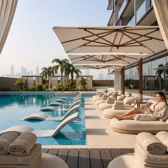 The pool deck of a Zimaya development with the city beyond