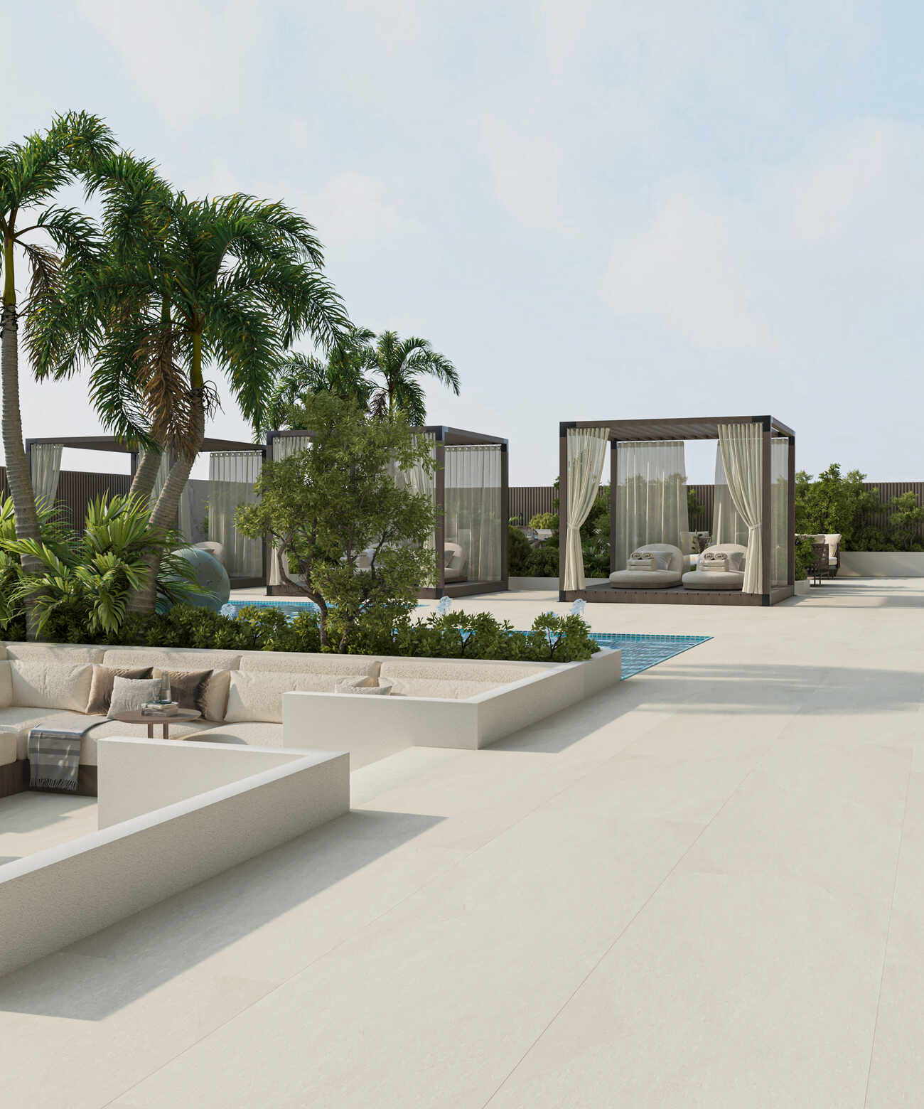 A Zimaya rooftop pool deck with cabanas