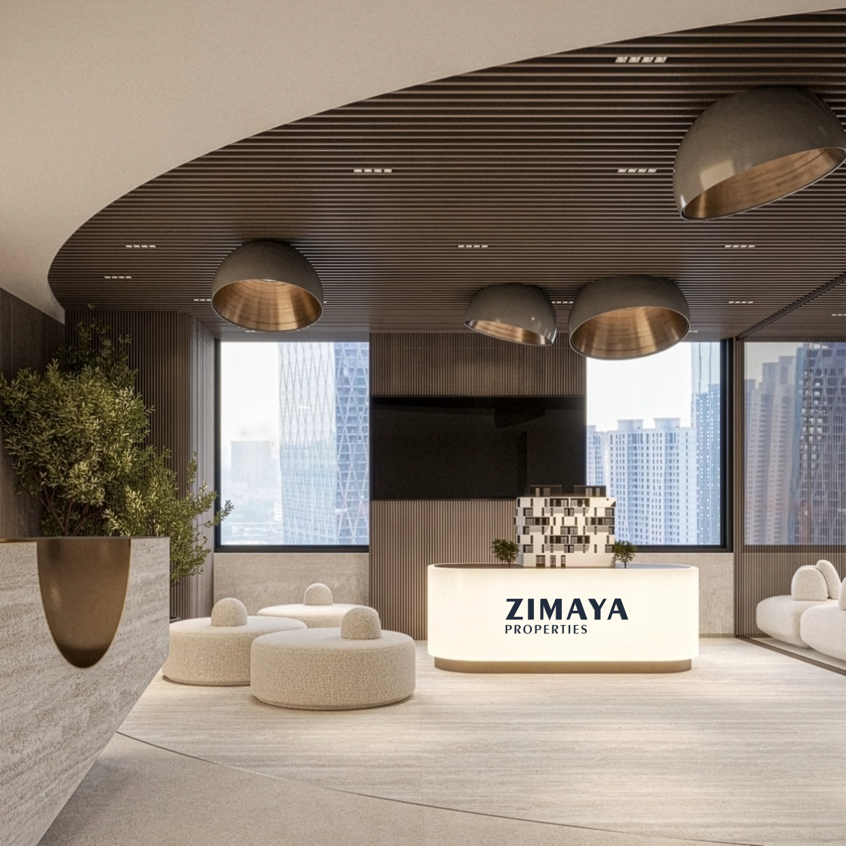 The Zimaya sales lounge with city views