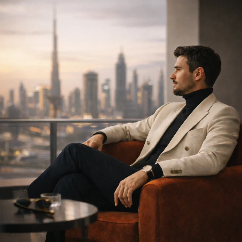A resident on a terrace outside a Zimaya home in Dubai