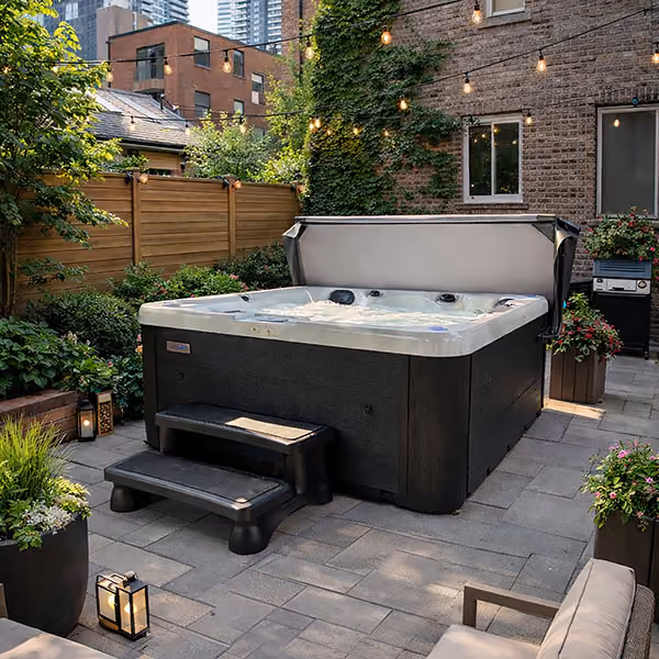 Modern black hot tub with steps surrounded by plants and string lights on urban patio.
