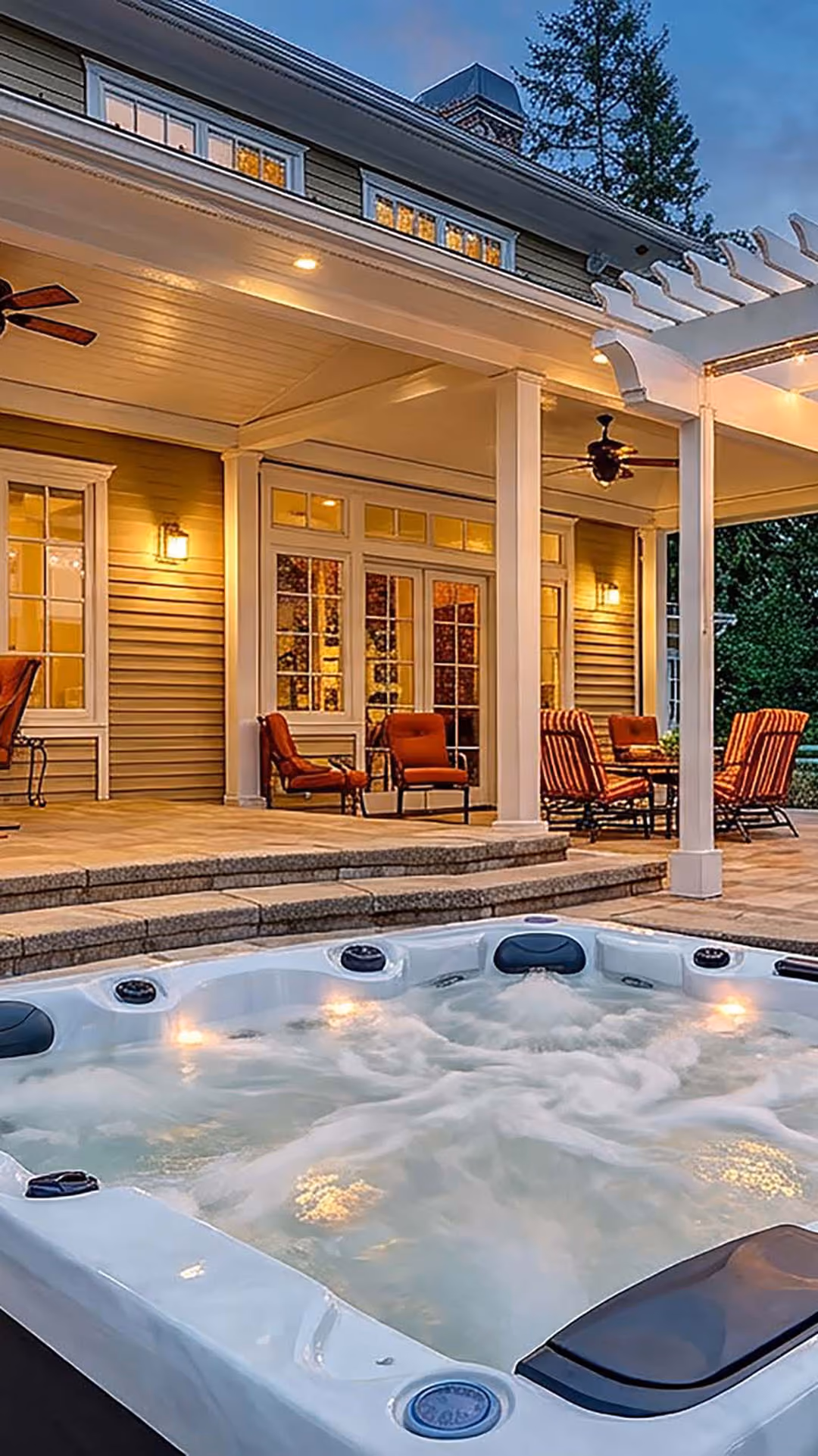 Outdoor covered patio with seating and a bubbling hot tub in the evening light.