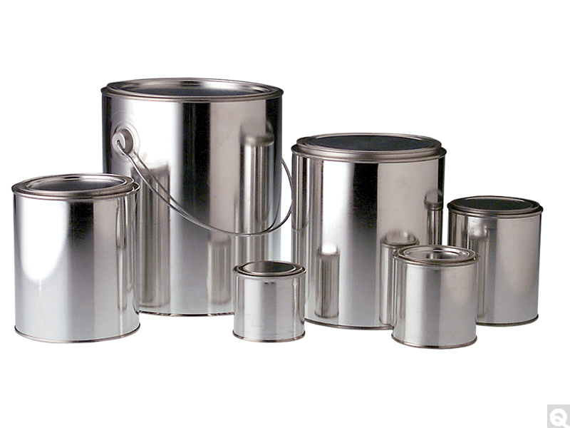 A group of unlined round metal paint cans in seven sizes, the largest with a wire bail handle.