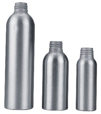 Three brushed aluminum bottles in descending sizes, each with an unlined threaded neck finish.