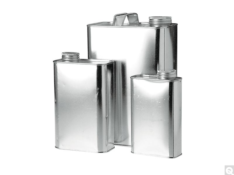 Three metal F-style cans in different sizes, each with a screw top closure; the largest has a carrying handle.