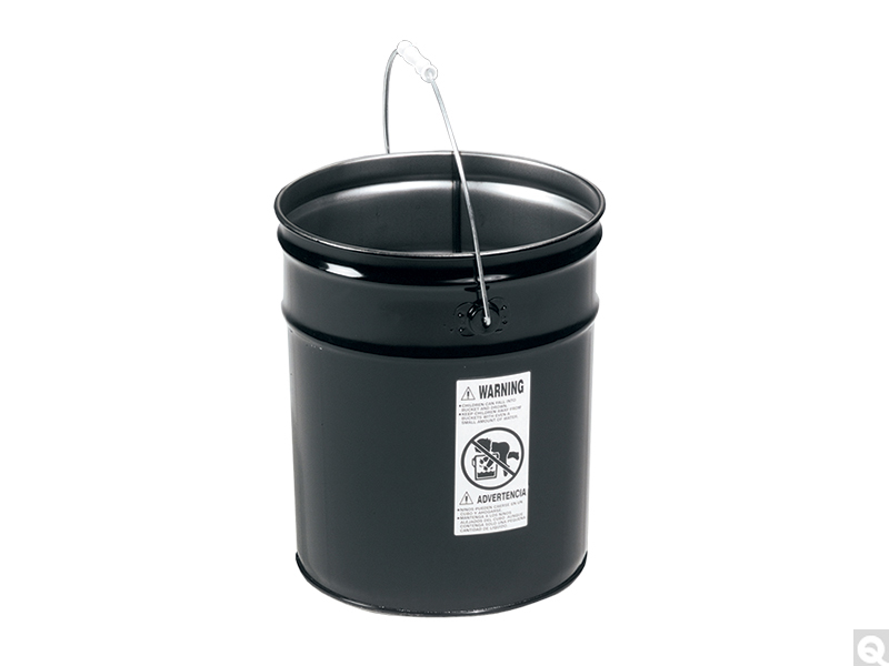 A black open head steel pail with a wire bail handle, rolling hoop bead around the body and a bilingual warning label.