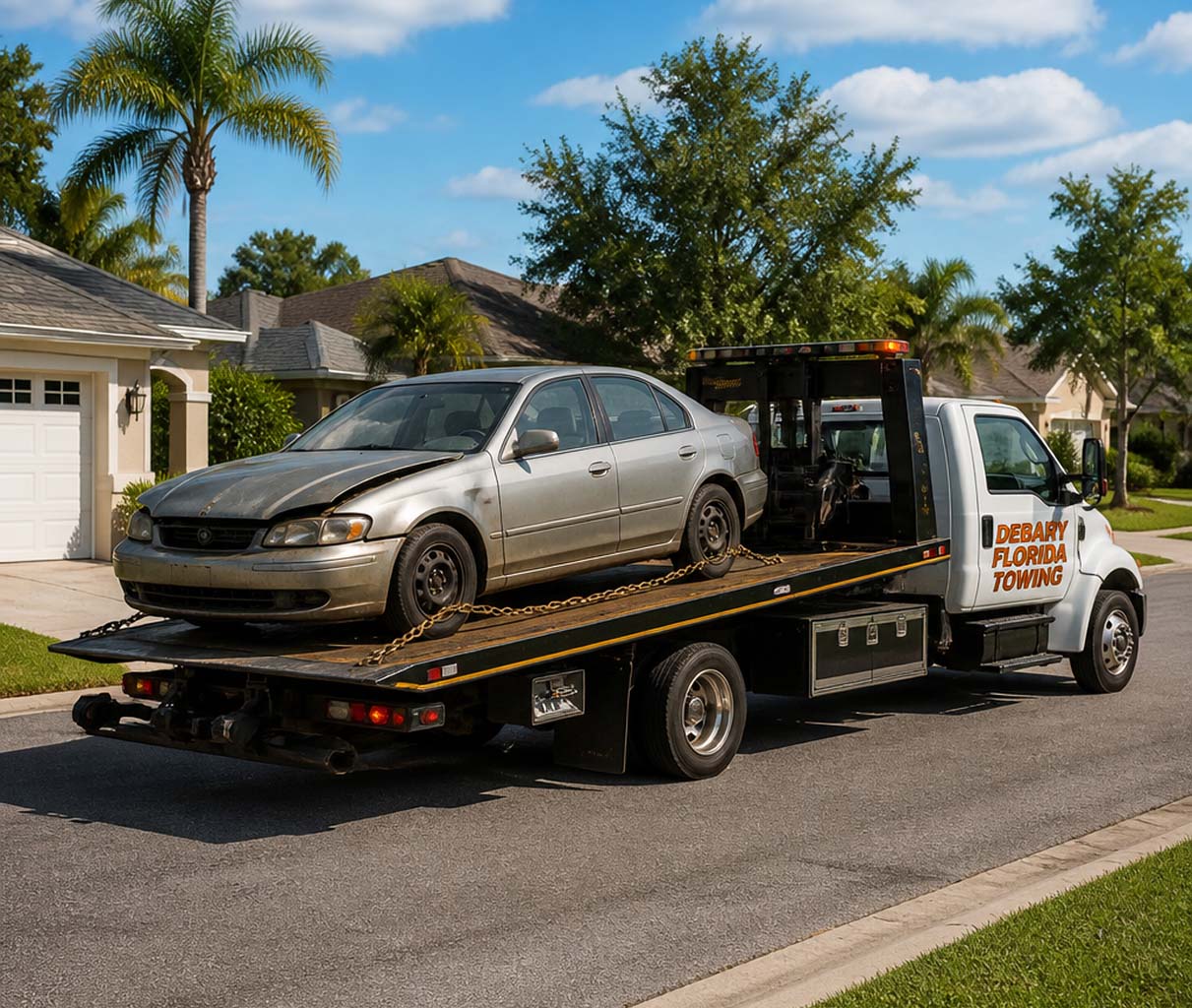 Junk car being hauled away in DeBary