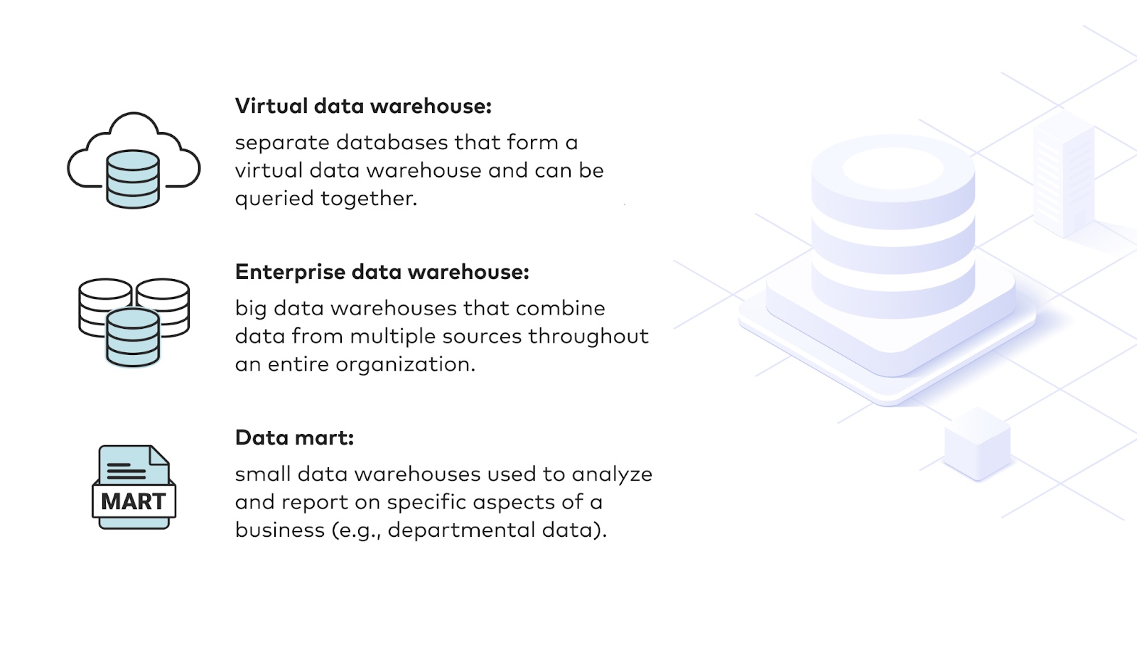3 types of data warehouses