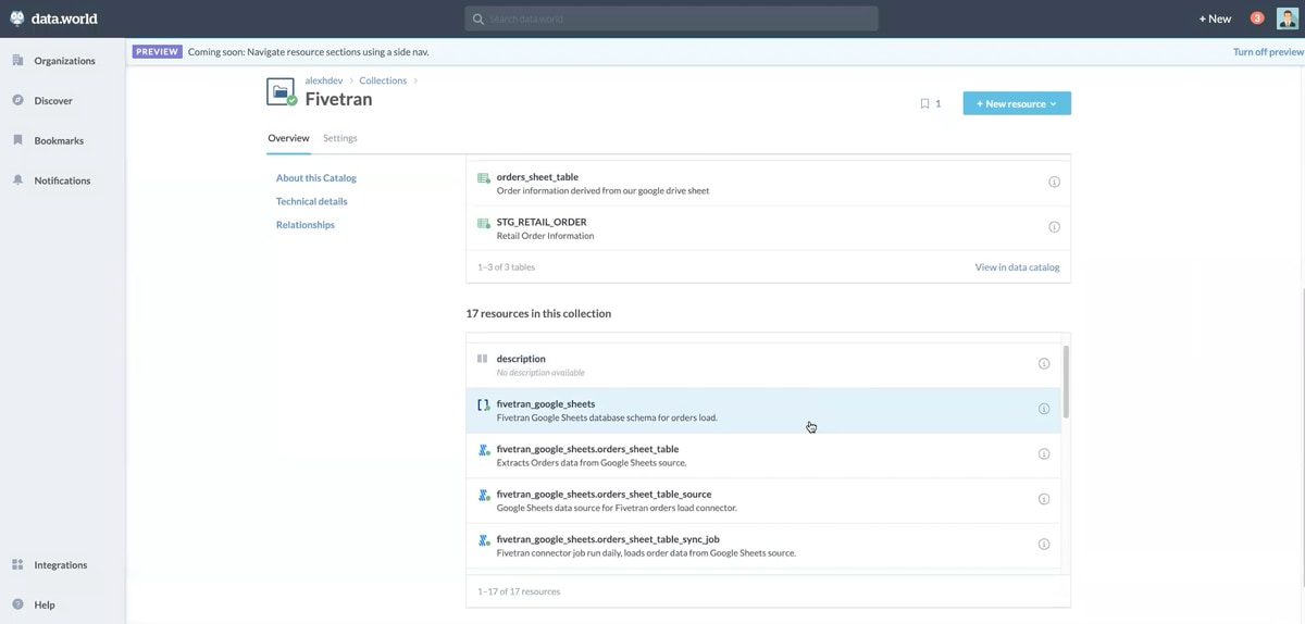 In the data.world enterprise data catalog, a collection of Fivetran information and data resources houses data context and resources, such as a Fivetran Google Sheets database schema for orders load resource