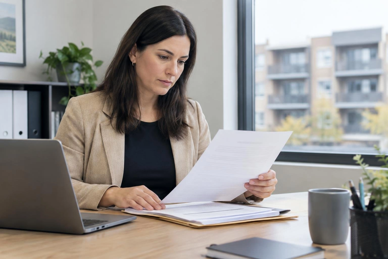 A property manager reviewing rental paperwork and a generic notice at a desk in a neutral office setting.