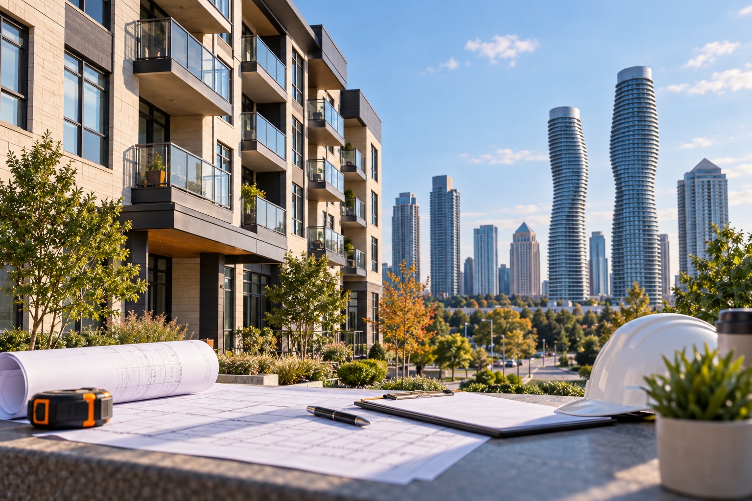 Mississauga rental apartment buildings and skyline representing renovation licensing compliance.