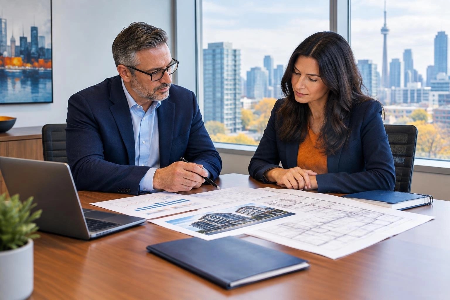 Ontario multifamily owner and finance professional reviewing loan renewal documents and apartment building plans at a conference table.