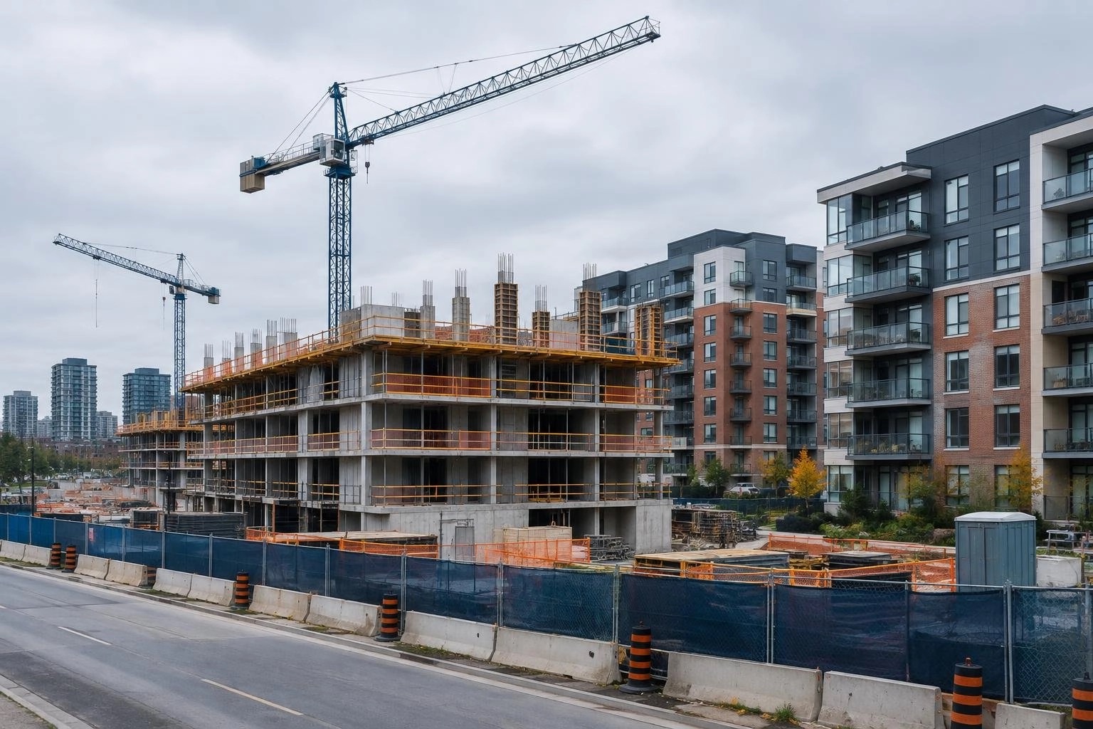 GTA mid-rise apartment construction site beside completed rental buildings under overcast light.