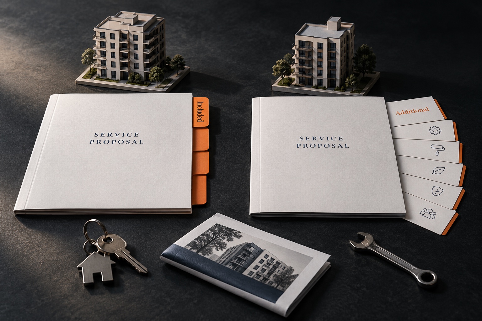Illustrative comparison of two property-management service proposals, with keys, maintenance and reporting cues.